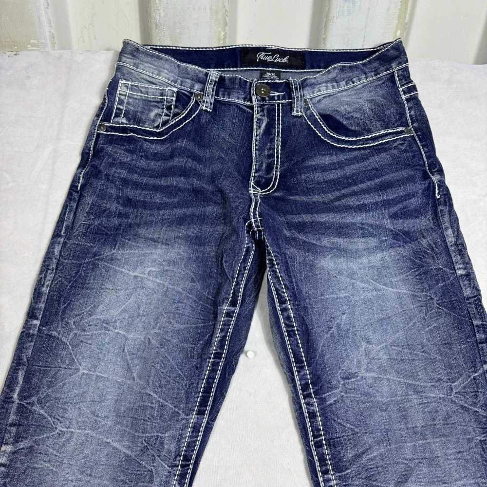 True Luck Mens Straight Leg‎ Jeans Blue Faded Denim Whisker 5-Pocket Size 30/30